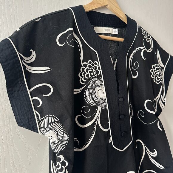 Vintage I. Magnin Womens Floral Tunic Top Button Placket Cap Sleeve Black Small - Picture 3 of 7